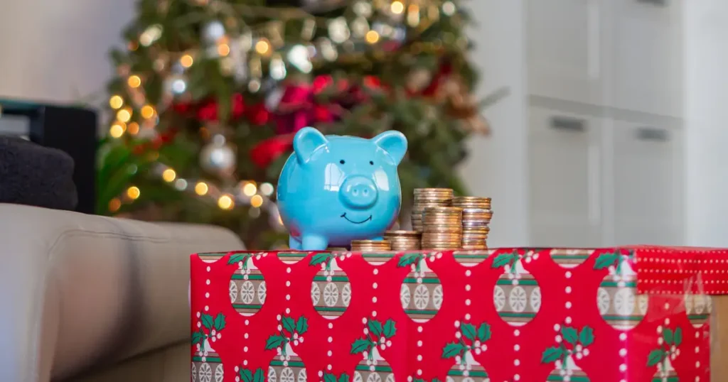 Piggy bank on a holiday present