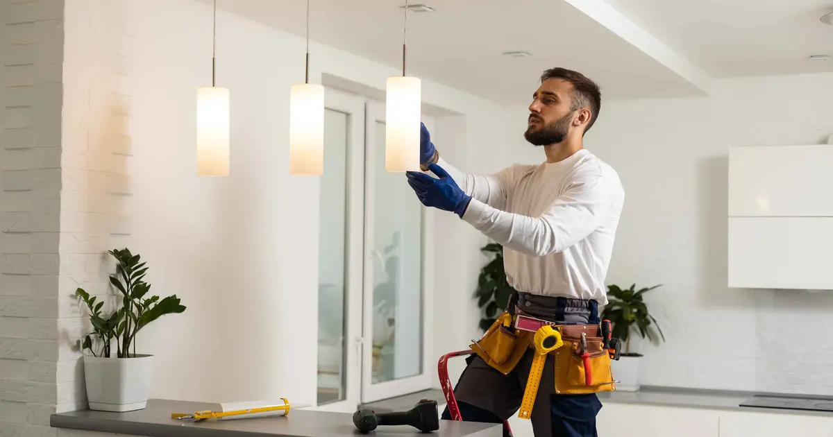 Handyman installing pendant lights in a modern kitchen, focused on improvement.