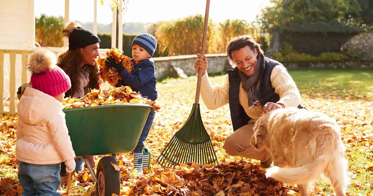 Family raking leaves with dog in autumn.