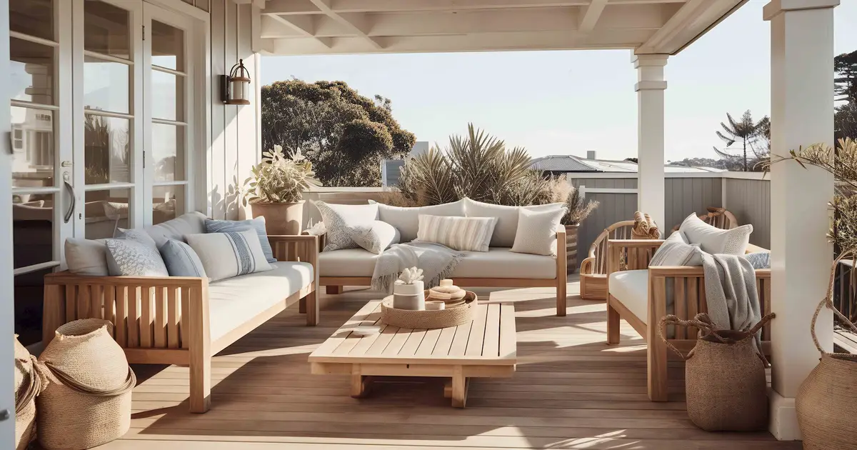 Patio with wood furniture and plants.
