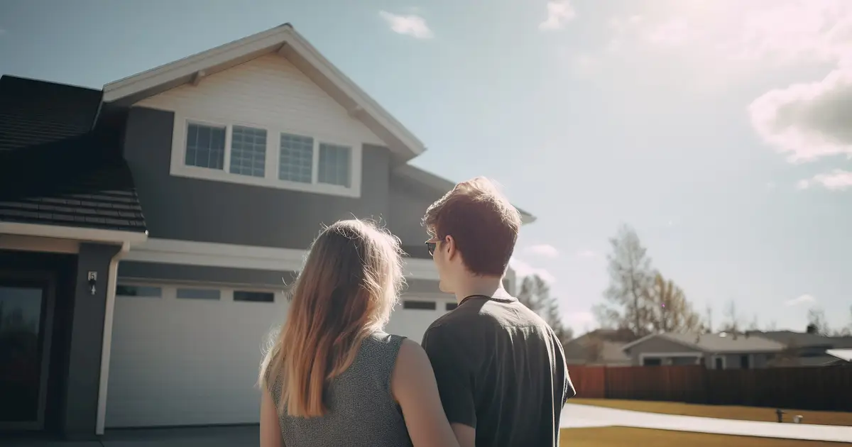 Couple standing in front of modern house.