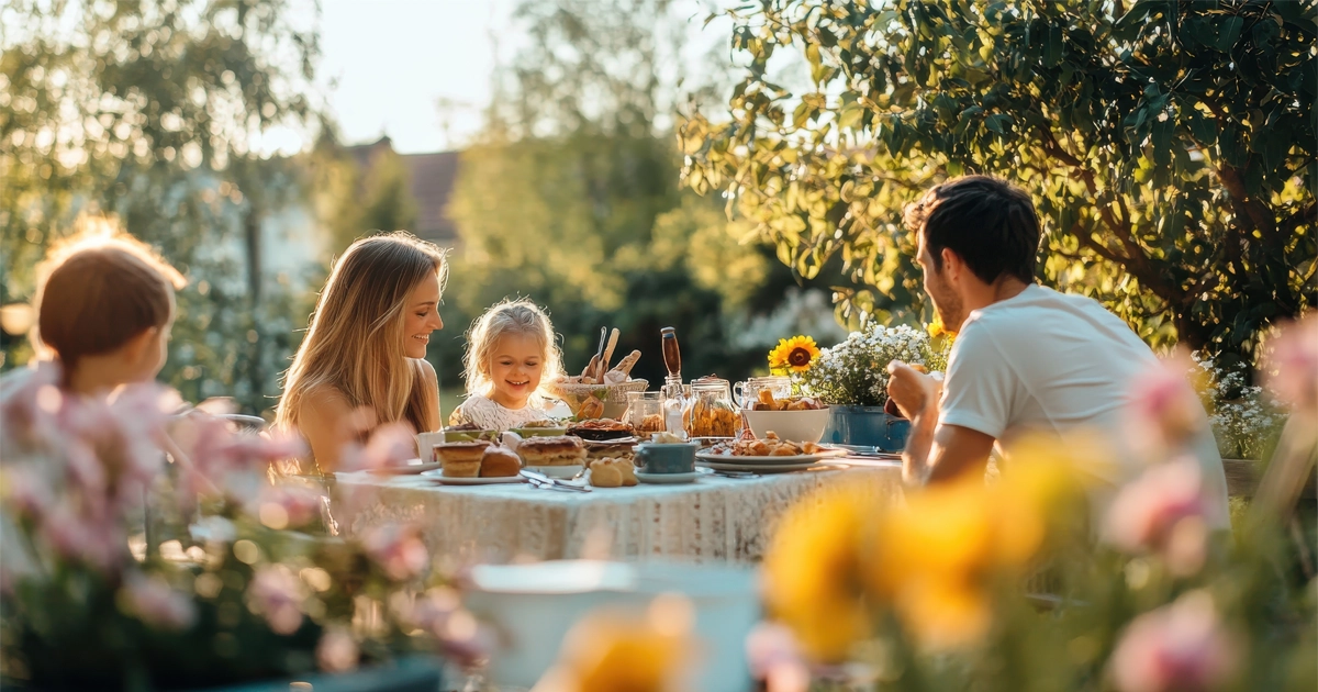 Family shares joyful outdoor meal in sunny, blooming garden setting.